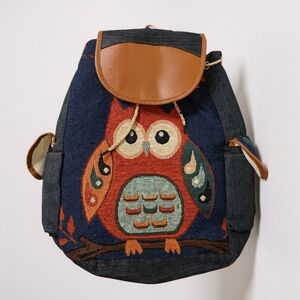 NWOT Handmade Owl Design  Backpack - Blue and Brown